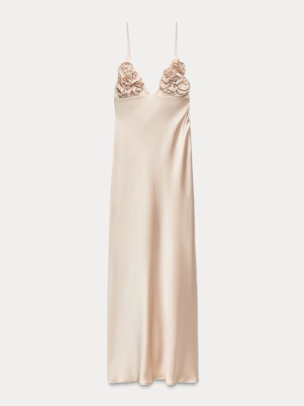 Zara Cream Satin Long Slip Dress with Rosette Bust